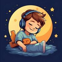 Cute boy playing guitar and listening to music with headset in cartoon style. Youth day or music day concept by AI Generated photo