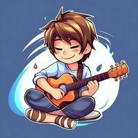 Cute boy playing guitar and listening to music with headset in cartoon style. Youth day or music day concept by AI Generated photo