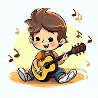 Cute boy playing guitar and listening to music with headset in cartoon style. Youth day or music day concept by AI Generated photo