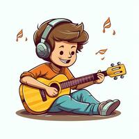 linda chico jugando guitarra y escuchando a música con auriculares en dibujos animados estilo. juventud día o música día concepto por ai generado foto