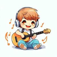 Cute boy playing guitar and listening to music with headset in cartoon style. Youth day or music day concept by AI Generated photo