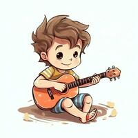 linda chico jugando guitarra y escuchando a música con auriculares en dibujos animados estilo. juventud día o música día concepto por ai generado foto