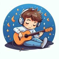 linda chico jugando guitarra y escuchando a música con auriculares en dibujos animados estilo. juventud día o música día concepto por ai generado foto