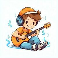 Cute boy playing guitar and listening to music with headset in cartoon style. Youth day or music day concept by AI Generated photo