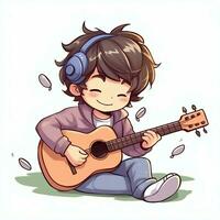 linda chico jugando guitarra y escuchando a música con auriculares en dibujos animados estilo. juventud día o música día concepto por ai generado foto