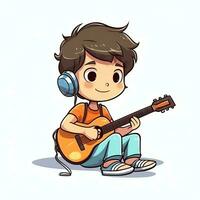 linda chico jugando guitarra y escuchando a música con auriculares en dibujos animados estilo. juventud día o música día concepto por ai generado foto