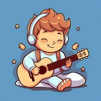 linda chico jugando guitarra y escuchando a música con auriculares en dibujos animados estilo. juventud día o música día concepto por ai generado foto