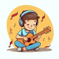 linda chico jugando guitarra y escuchando a música con auriculares en dibujos animados estilo. juventud día o música día concepto por ai generado foto