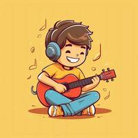 linda chico jugando guitarra y escuchando a música con auriculares en dibujos animados estilo. juventud día o música día concepto por ai generado foto