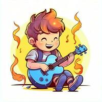 Cute boy playing guitar and listening to music with headset in cartoon style. Youth day or music day concept by AI Generated photo