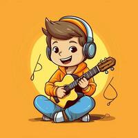 linda chico jugando guitarra y escuchando a música con auriculares en dibujos animados estilo. juventud día o música día concepto por ai generado foto