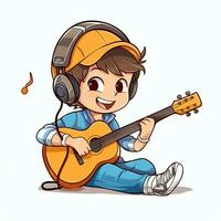 Cute boy playing guitar and listening to music with headset in cartoon style. Youth day or music day concept by AI Generated photo