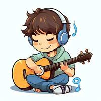 linda chico jugando guitarra y escuchando a música con auriculares en dibujos animados estilo. juventud día o música día concepto por ai generado foto