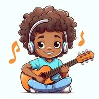 Cute boy playing guitar and listening to music with headset in cartoon style. Youth day or music day concept by AI Generated photo