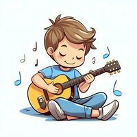 Cute boy playing guitar and listening to music with headset in cartoon style. Youth day or music day concept by AI Generated photo