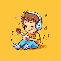 Cute boy playing guitar and listening to music with headset in cartoon style. Youth day or music day concept by AI Generated photo