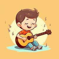 Cute boy playing guitar and listening to music with headset in cartoon style. Youth day or music day concept by AI Generated photo