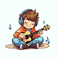 Cute boy playing guitar and listening to music with headset in cartoon style. Youth day or music day concept by AI Generated photo