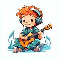 Cute boy playing guitar and listening to music with headset in cartoon style. Youth day or music day concept by AI Generated photo