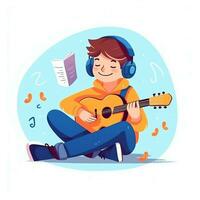 linda chico jugando guitarra y escuchando a música con auriculares en dibujos animados estilo. juventud día o música día concepto por ai generado foto