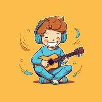 Cute boy playing guitar and listening to music with headset in cartoon style. Youth day or music day concept by AI Generated photo