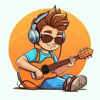 Cute boy playing guitar and listening to music with headset in cartoon style. Youth day or music day concept by AI Generated photo