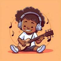 Cute boy playing guitar and listening to music with headset in cartoon style. Youth day or music day concept by AI Generated photo