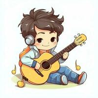 Cute boy playing guitar and listening to music with headset in cartoon style. Youth day or music day concept by AI Generated photo