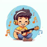 linda chico jugando guitarra y escuchando a música con auriculares en dibujos animados estilo. juventud día o música día concepto por ai generado foto