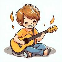 Cute boy playing guitar and listening to music with headset in cartoon style. Youth day or music day concept by AI Generated photo