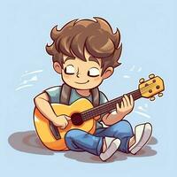 linda chico jugando guitarra y escuchando a música con auriculares en dibujos animados estilo. juventud día o música día concepto por ai generado foto