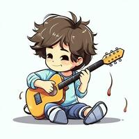 Cute boy playing guitar and listening to music with headset in cartoon style. Youth day or music day concept by AI Generated photo