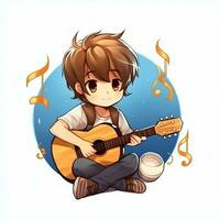 Cute boy playing guitar and listening to music with headset in cartoon style. Youth day or music day concept by AI Generated photo