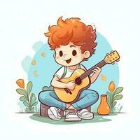 linda chico jugando guitarra y escuchando a música con auriculares en dibujos animados estilo. juventud día o música día concepto por ai generado foto