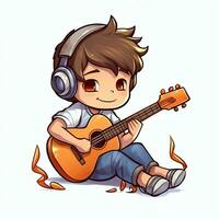 Cute boy playing guitar and listening to music with headset in cartoon style. Youth day or music day concept by AI Generated photo