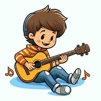 linda chico jugando guitarra y escuchando a música con auriculares en dibujos animados estilo. juventud día o música día concepto por ai generado foto