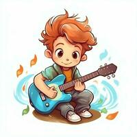 linda chico jugando guitarra y escuchando a música con auriculares en dibujos animados estilo. juventud día o música día concepto por ai generado foto