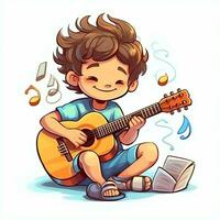 linda chico jugando guitarra y escuchando a música con auriculares en dibujos animados estilo. juventud día o música día concepto por ai generado foto