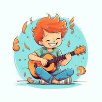 Cute boy playing guitar and listening to music with headset in cartoon style. Youth day or music day concept by AI Generated photo
