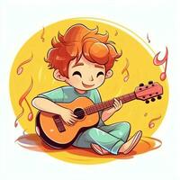 Cute boy playing guitar and listening to music with headset in cartoon style. Youth day or music day concept by AI Generated photo