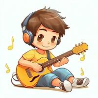 Cute boy playing guitar and listening to music with headset in cartoon style. Youth day or music day concept by AI Generated photo