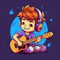 linda chico jugando guitarra y escuchando a música con auriculares en dibujos animados estilo. juventud día o música día concepto por ai generado foto