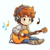 Cute boy playing guitar and listening to music with headset in cartoon style. Youth day or music day concept by AI Generated photo