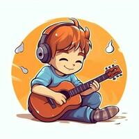 Cute boy playing guitar and listening to music with headset in cartoon style. Youth day or music day concept by AI Generated photo