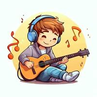 linda chico jugando guitarra y escuchando a música con auriculares en dibujos animados estilo. juventud día o música día concepto por ai generado foto