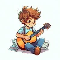 Cute boy playing guitar and listening to music with headset in cartoon style. Youth day or music day concept by AI Generated photo