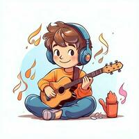 linda chico jugando guitarra y escuchando a música con auriculares en dibujos animados estilo. juventud día o música día concepto por ai generado foto