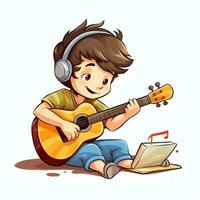 linda chico jugando guitarra y escuchando a música con auriculares en dibujos animados estilo. juventud día o música día concepto por ai generado foto