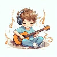 linda chico jugando guitarra y escuchando a música con auriculares en dibujos animados estilo. juventud día o música día concepto por ai generado foto