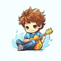 Cute boy playing guitar and listening to music with headset in cartoon style. Youth day or music day concept by AI Generated photo